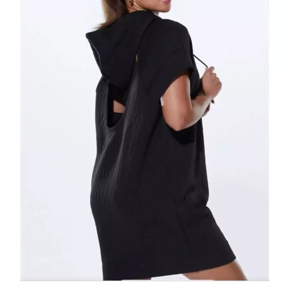 Fabletics Major Label Backless Hoodie Dress Tunic Cap Sleeve Black Oversized S